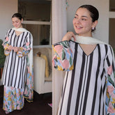 Chic Striped Swiss Lawn Kurti | Floral Sleeve Summer Outfit
