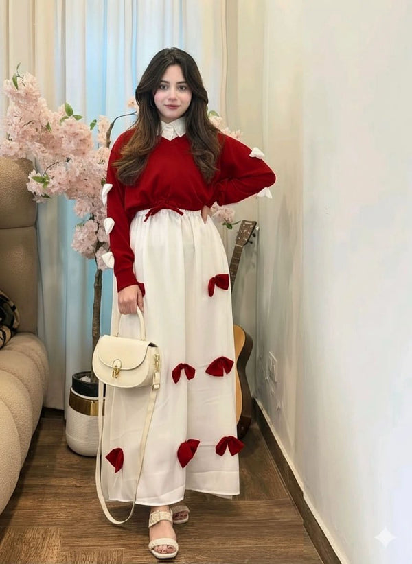 Premium Georgette Gelegant V Neck Bow Stitched On Sleeves Top With Contrast Bow Stitch On Maxi Long Flare 2Pcs